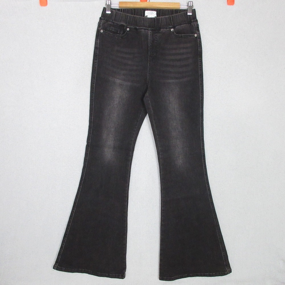 Mud Pie Black Flare Jeans Womens Size Medium Pull On Elastic Waist Faded Denim